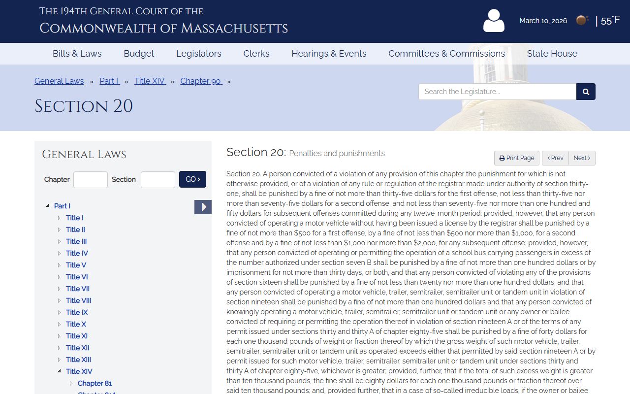 traffic violation penalties Fall River traffic court records