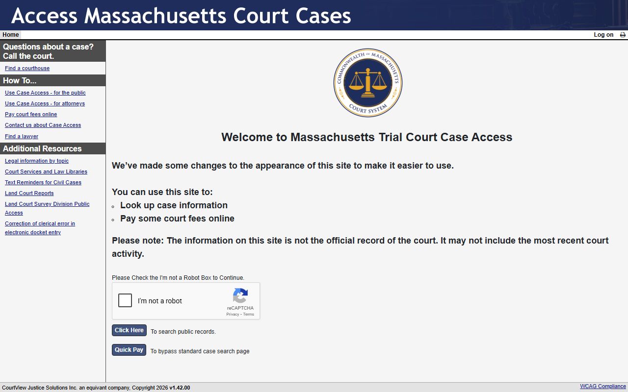 MassCourts case access portal Cambridge traffic court records