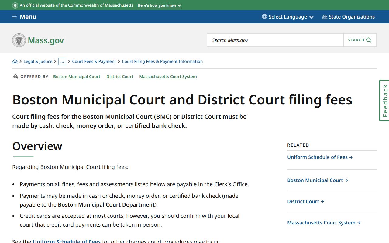 Boston Municipal Court filing fees Boston traffic court records