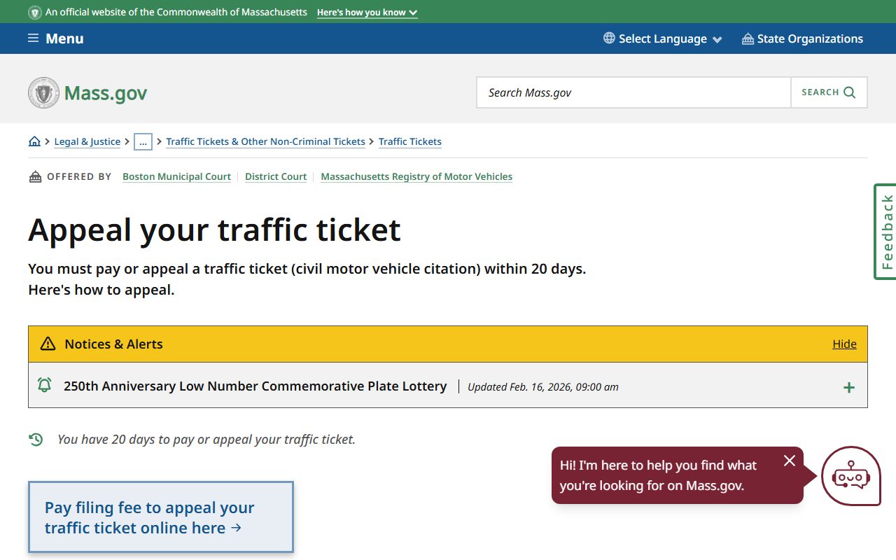 Massachusetts traffic ticket appeal process for traffic court records