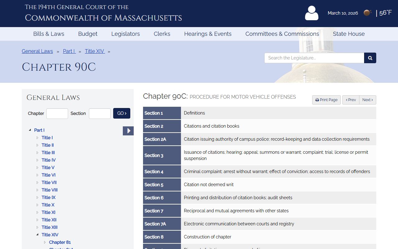 MGL Chapter 90C civil motor vehicle infractions for Massachusetts traffic court records