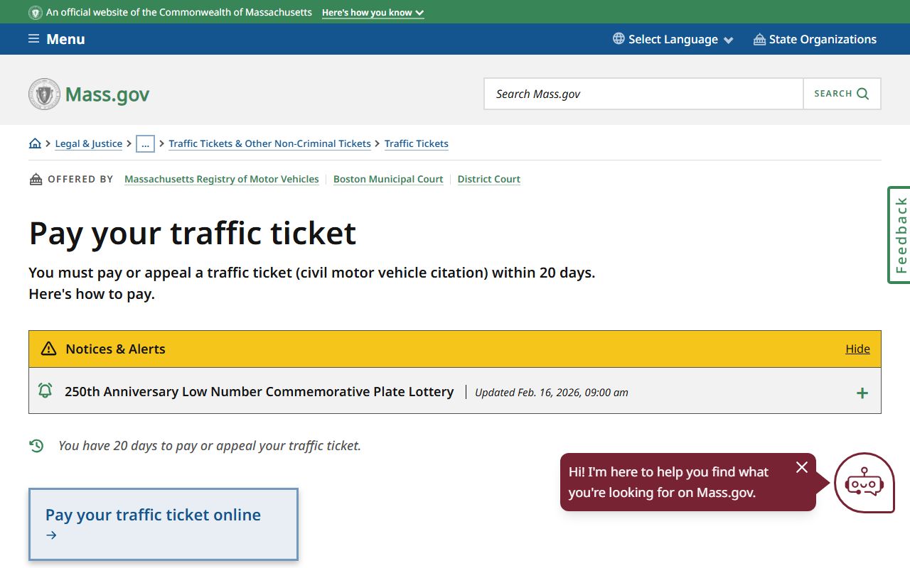 Massachusetts traffic ticket payment page for traffic court records